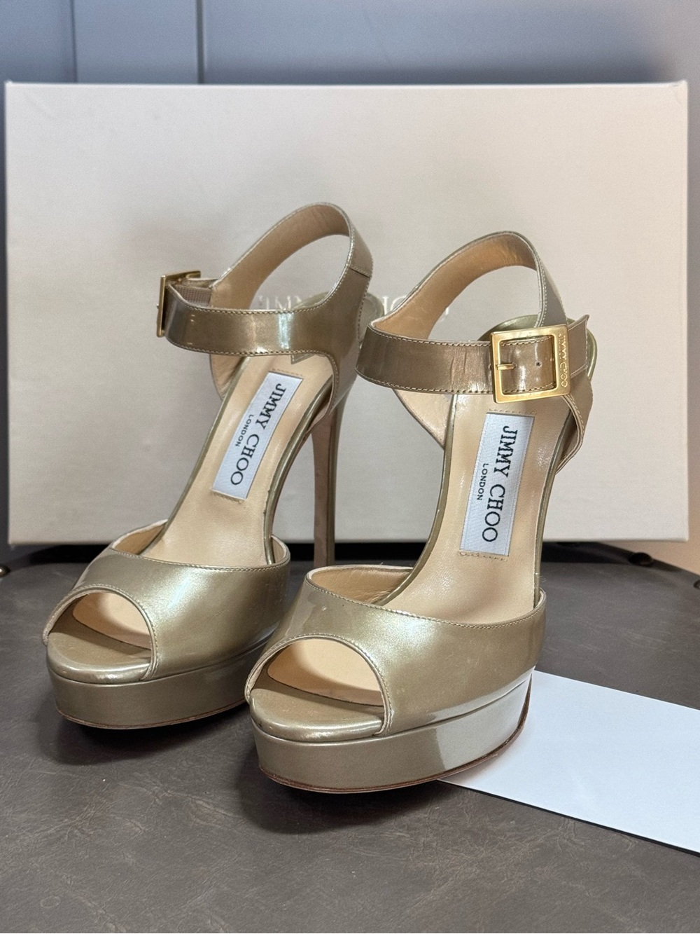 Jimmy Choo Linda Patent Leather Platform Heels Light Khaki - Great Condition